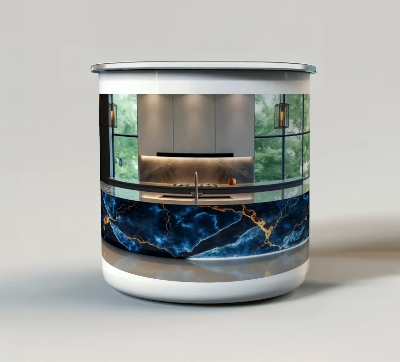 Cucina dal design moderno, caratterizzata da un'accattivante combinazione di nero e blu. tazza in smalto da DesignDoodle