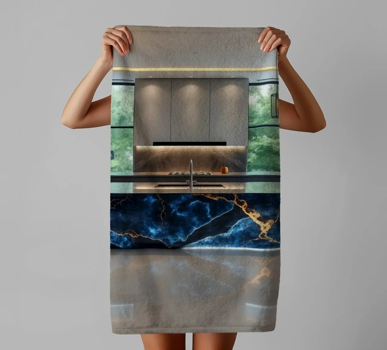 Cucina dal design moderno, caratterizzata da un'accattivante combinazione di nero e blu. asciugamano da bagno da DesignDoodle