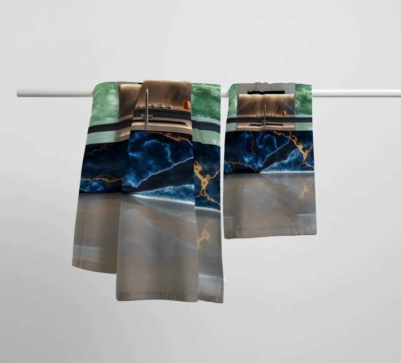 Cucina dal design moderno, caratterizzata da un'accattivante combinazione di nero e blu. asciugamano da bagno da DesignDoodle