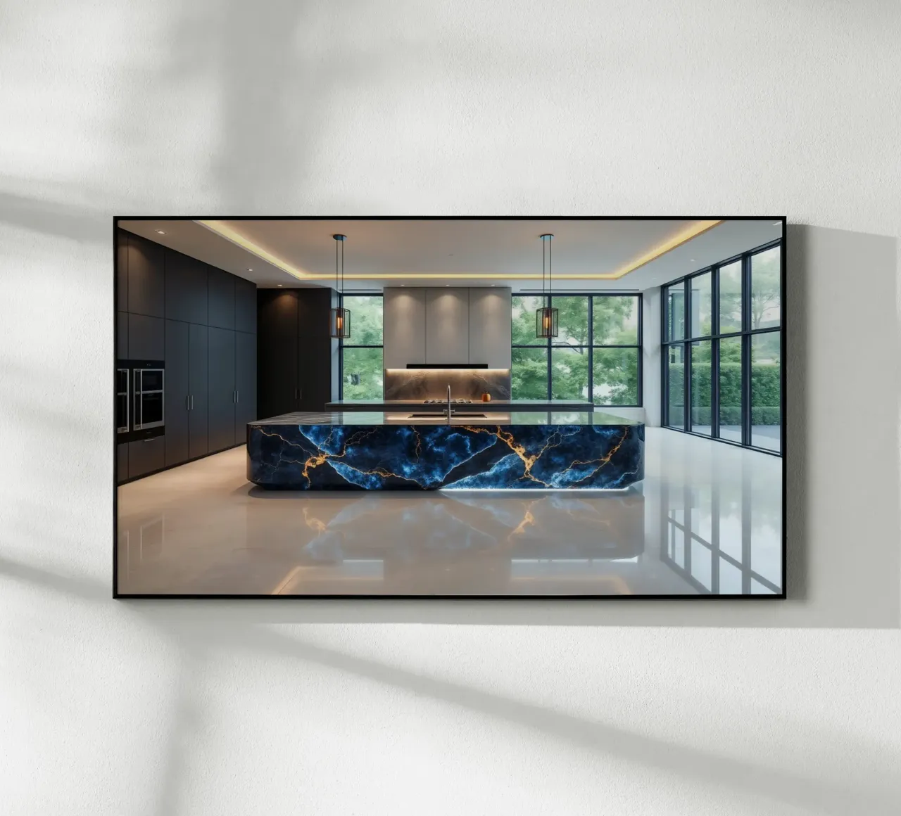 Cucina dal design moderno, caratterizzata da un'accattivante combinazione di nero e blu. plexiglass da DesignDoodle