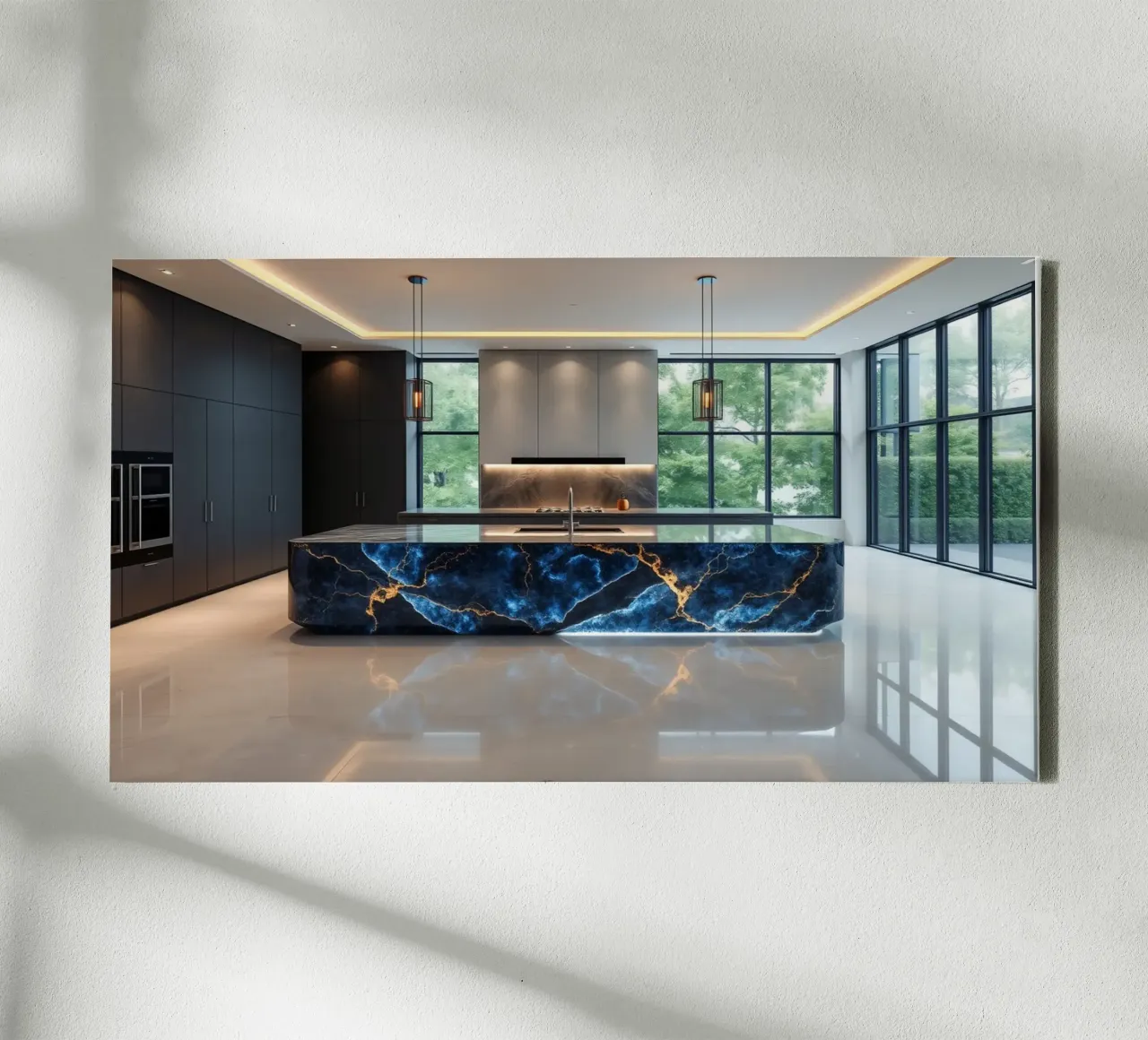 Cucina dal design moderno, caratterizzata da un'accattivante combinazione di nero e blu. tela con Cornice a cassetta da DesignDoodle