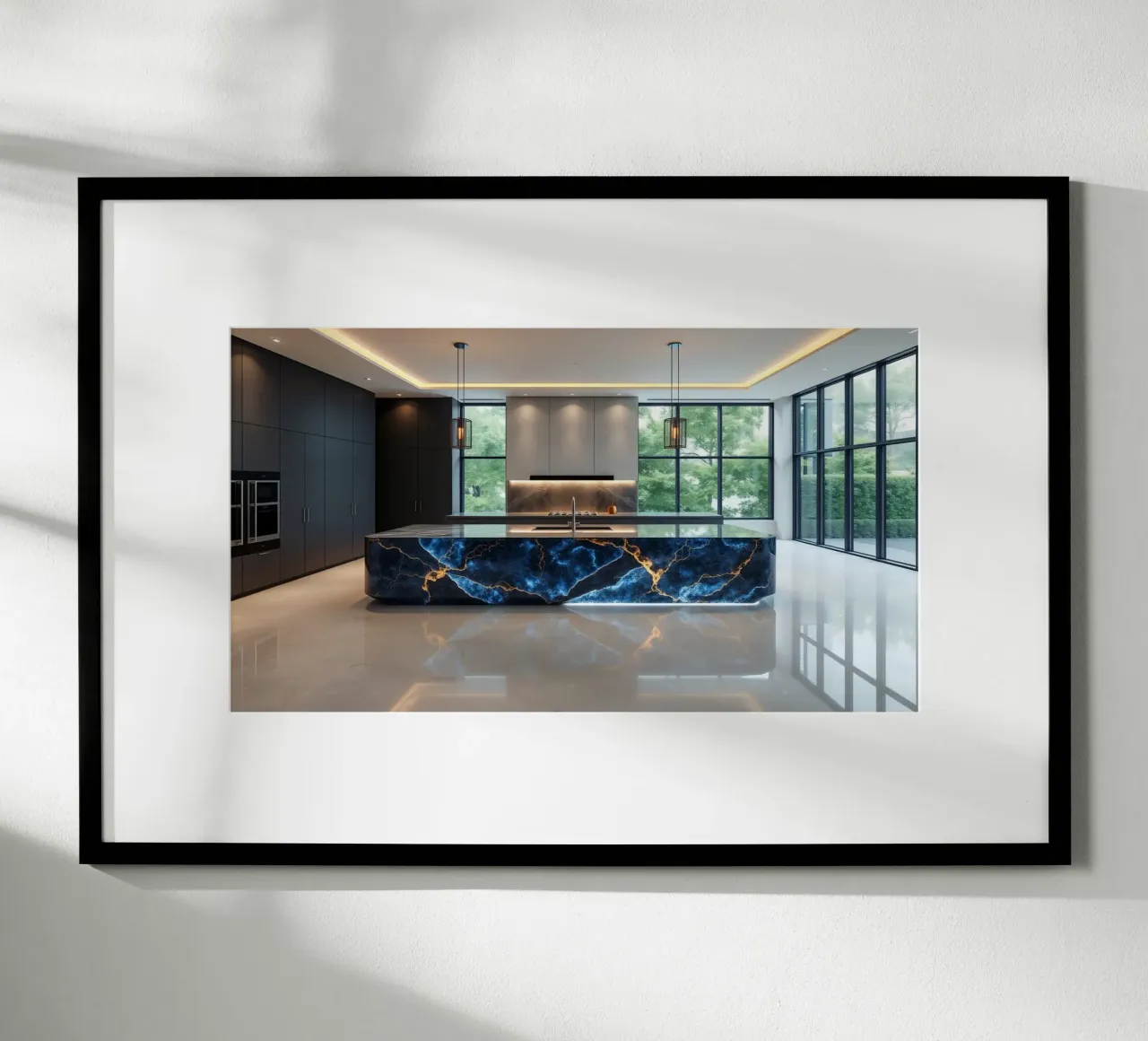 Cucina dal design moderno, caratterizzata da un'accattivante combinazione di nero e blu. poster da DesignDoodle