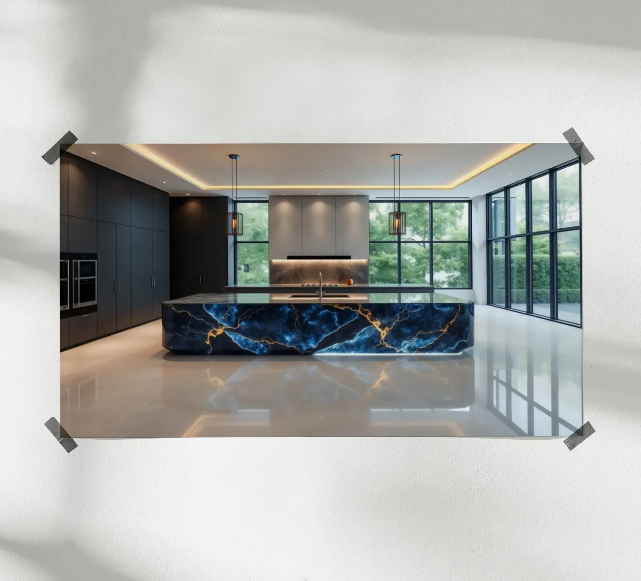 Cucina dal design moderno, caratterizzata da un'accattivante combinazione di nero e blu. poster da DesignDoodle