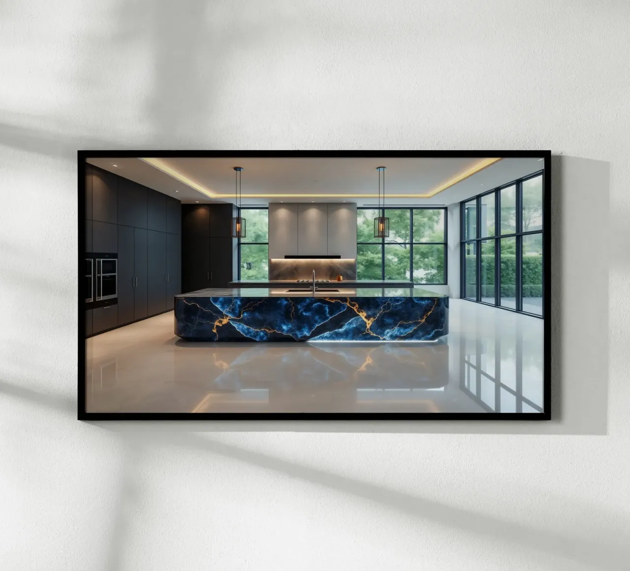 Cucina dal design moderno, caratterizzata da un'accattivante combinazione di nero e blu. poster da DesignDoodle
