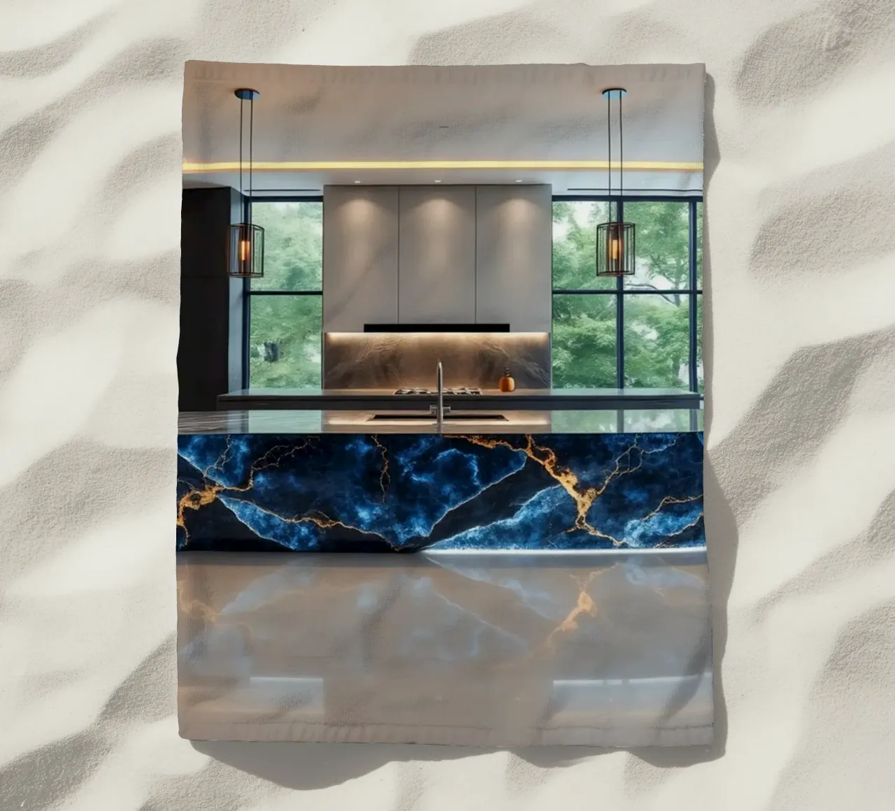 Cucina dal design moderno, caratterizzata da un'accattivante combinazione di nero e blu. telo mare da DesignDoodle