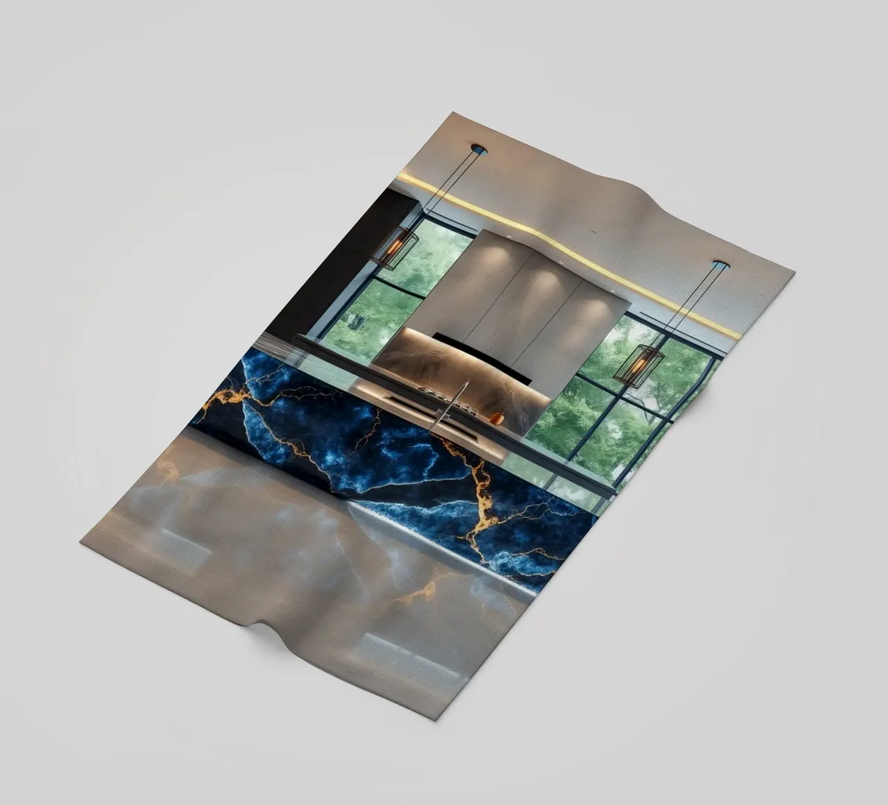 Cucina dal design moderno, caratterizzata da un'accattivante combinazione di nero e blu. telo mare da DesignDoodle