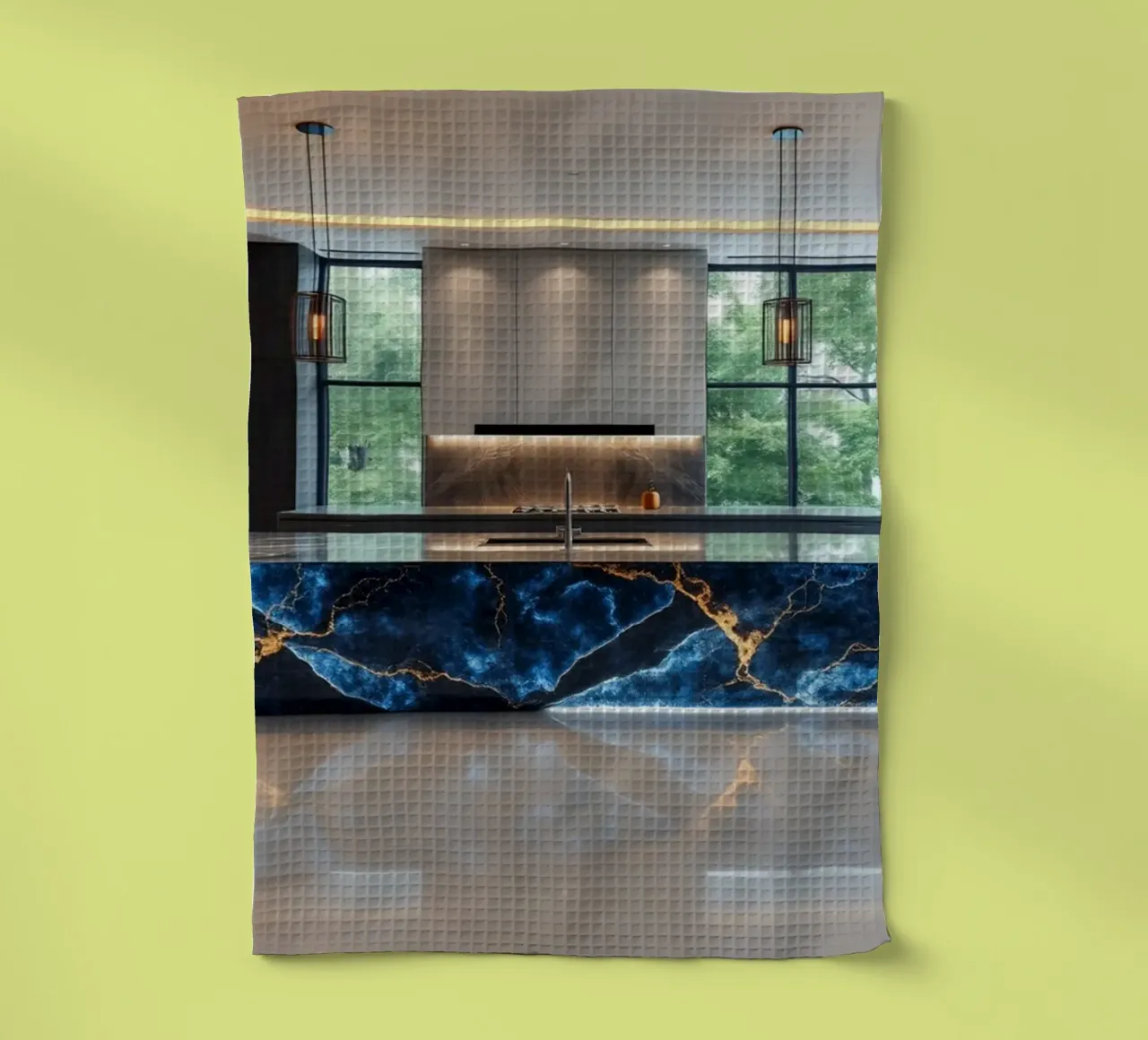 Cucina dal design moderno, caratterizzata da un'accattivante combinazione di nero e blu. canovaccio da cucina da DesignDoodle