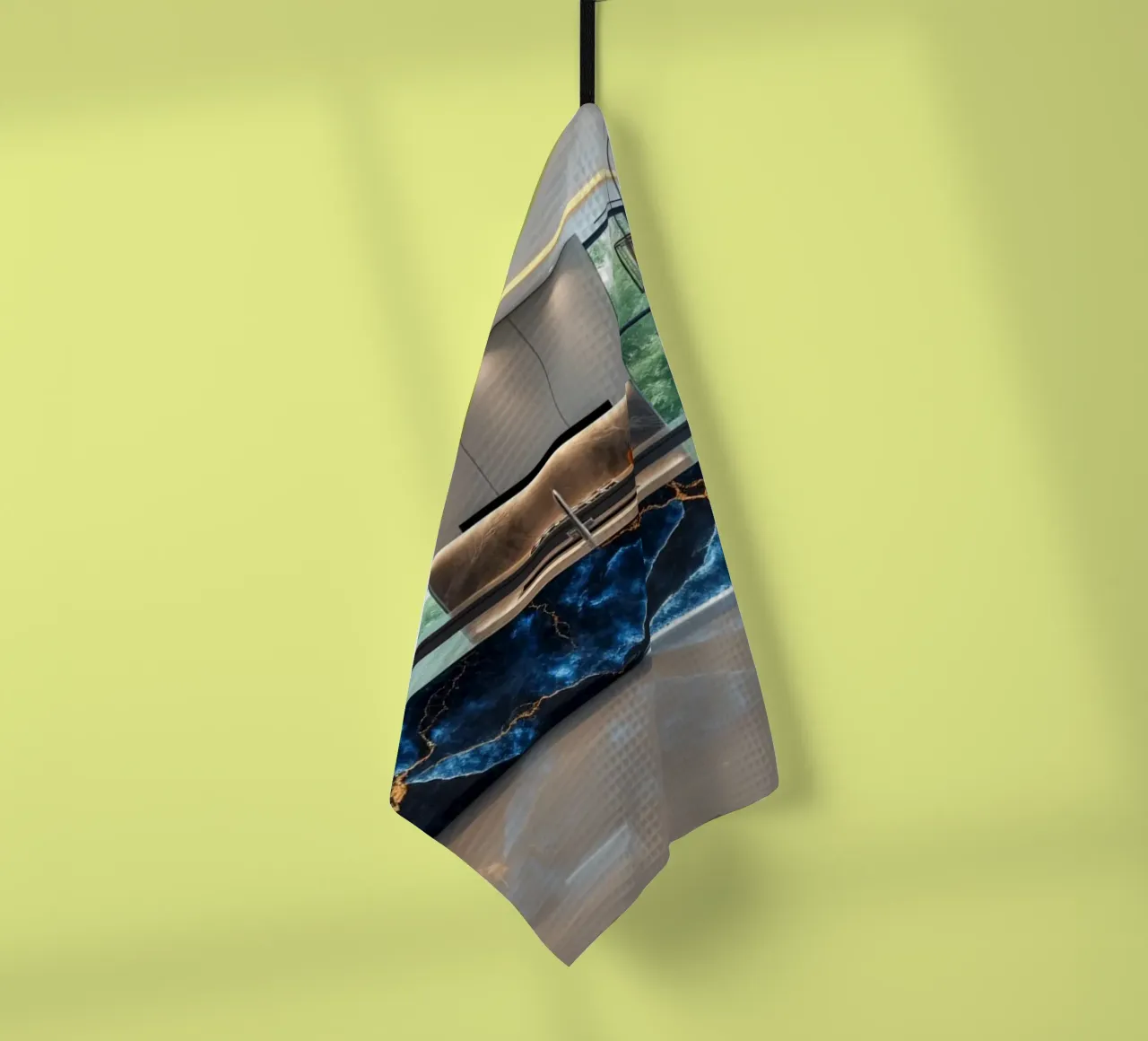 Cucina dal design moderno, caratterizzata da un'accattivante combinazione di nero e blu. canovaccio da cucina da DesignDoodle