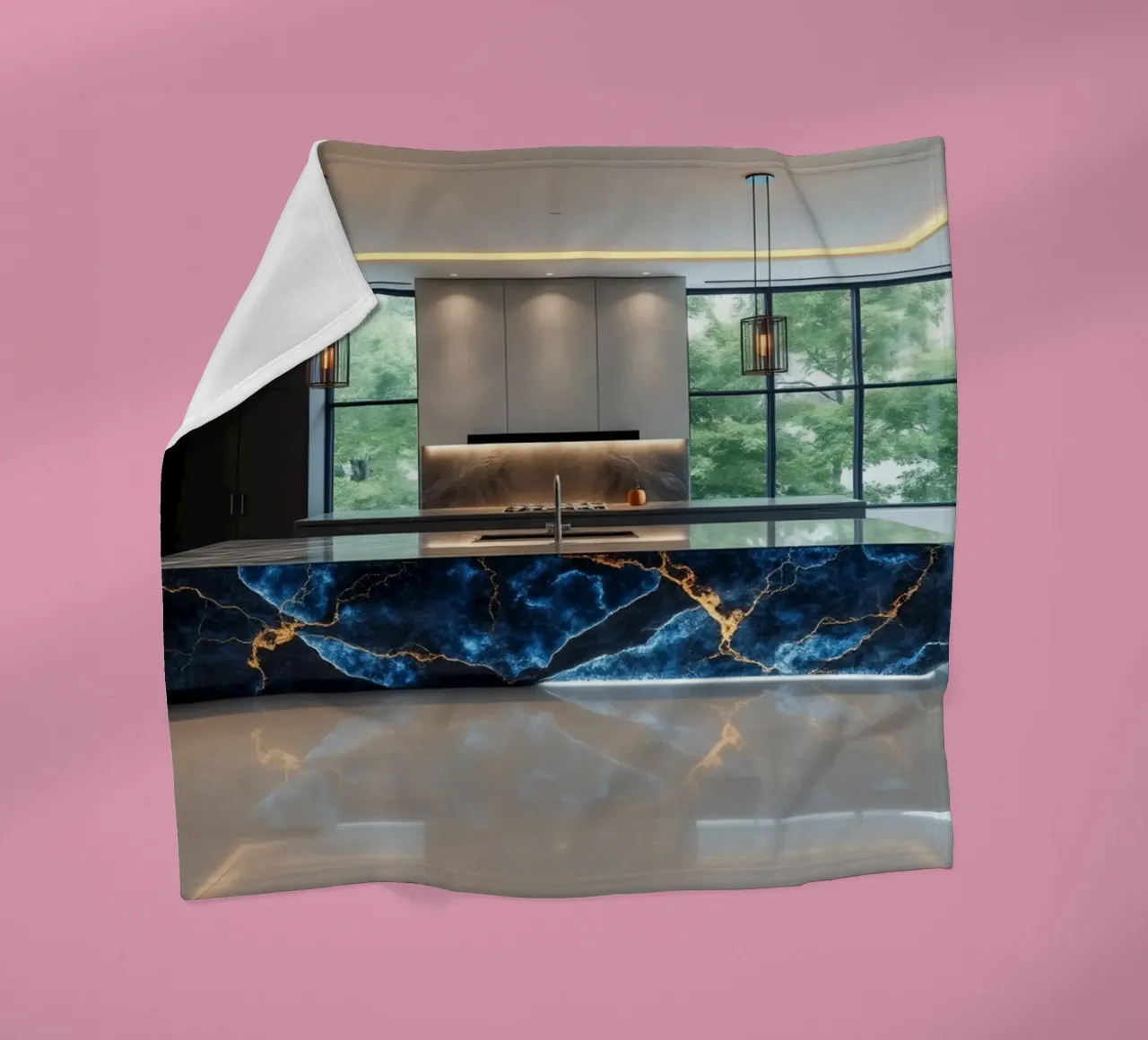 Cucina dal design moderno, caratterizzata da un'accattivante combinazione di nero e blu. coperta in pile da DesignDoodle