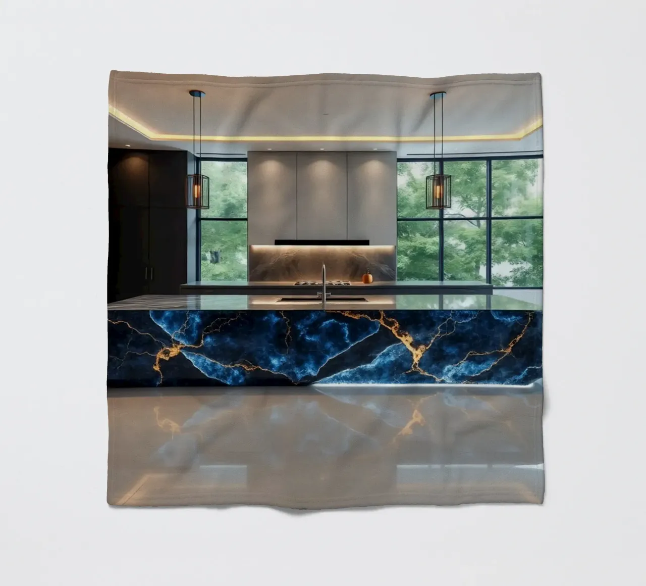 Cucina dal design moderno, caratterizzata da un'accattivante combinazione di nero e blu. coperta in pile da DesignDoodle