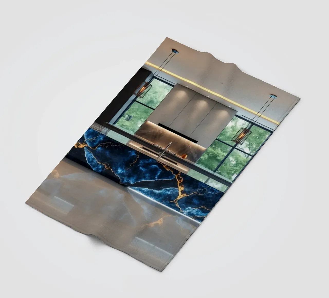 Cucina dal design moderno, caratterizzata da un'accattivante combinazione di nero e blu. coperta in pile da DesignDoodle