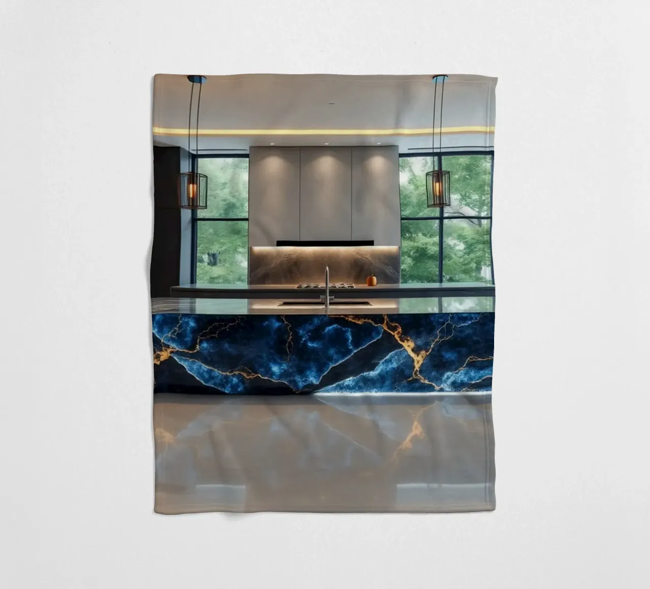 Cucina dal design moderno, caratterizzata da un'accattivante combinazione di nero e blu. coperta in pile da DesignDoodle