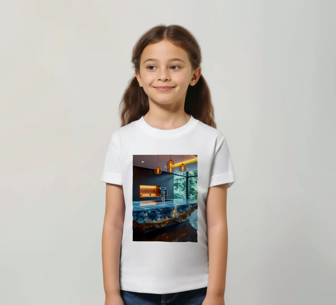 Cocina moderna con una llamativa encimera azul camiseta para niños de DesignDoodle