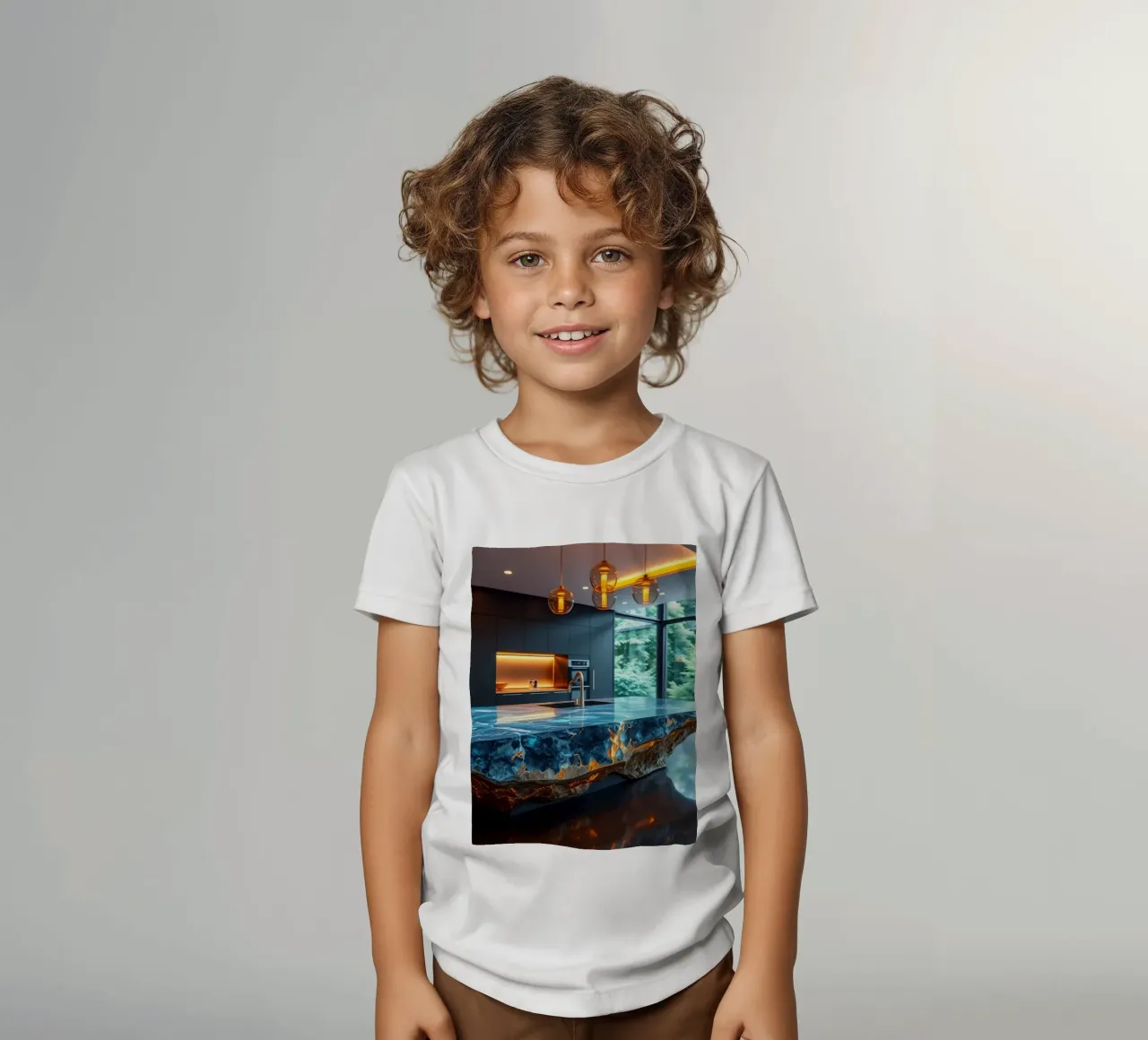Cocina moderna con una llamativa encimera azul camiseta para niños de DesignDoodle