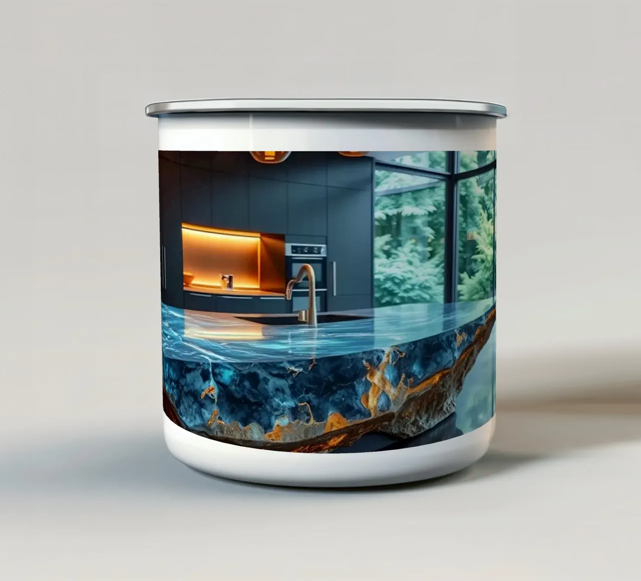 Cucina moderna con piano d'appoggio blu di grande effetto tazza in smalto da DesignDoodle