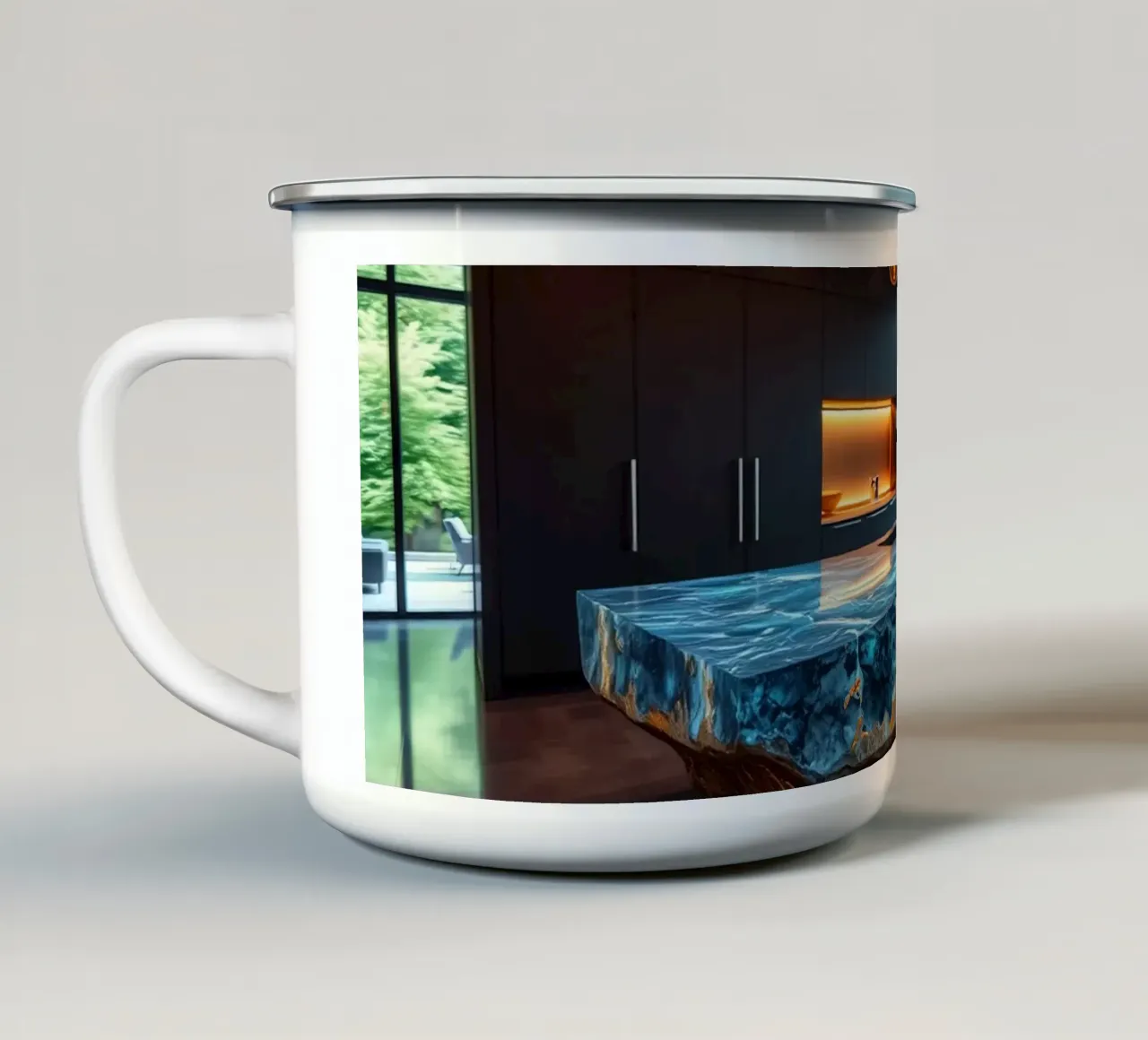 Cucina moderna con piano d'appoggio blu di grande effetto tazza in smalto da DesignDoodle