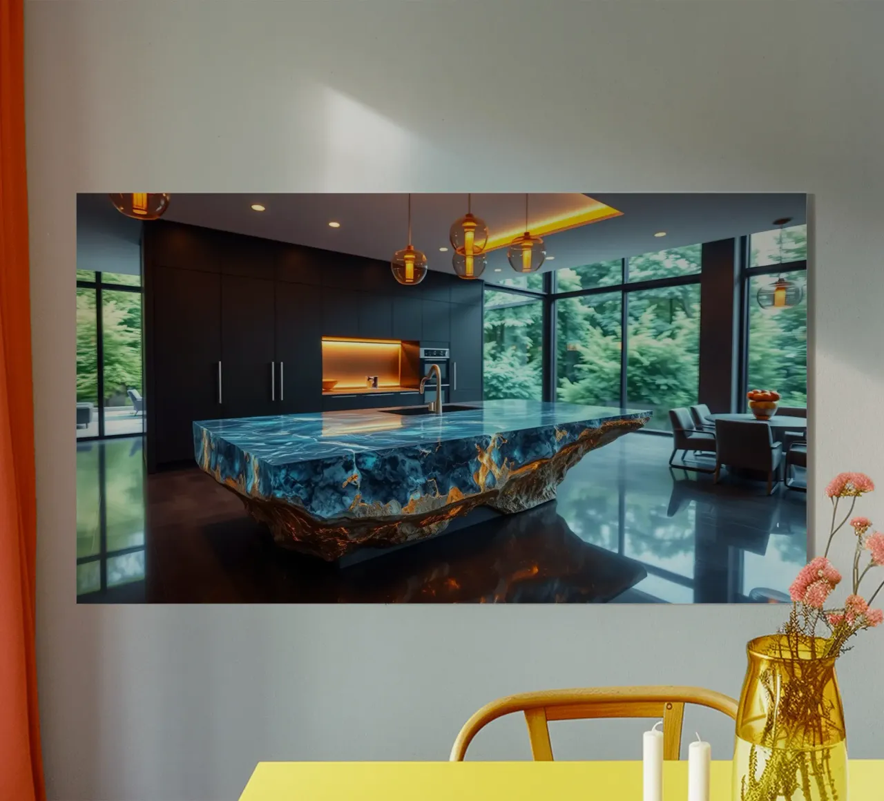 Cucina moderna con piano d'appoggio blu di grande effetto plexiglass da DesignDoodle