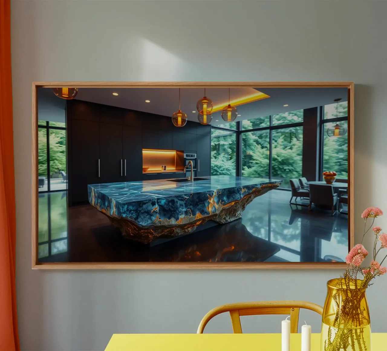 Cucina moderna con piano d'appoggio blu di grande effetto tela con Cornice a cassetta da DesignDoodle