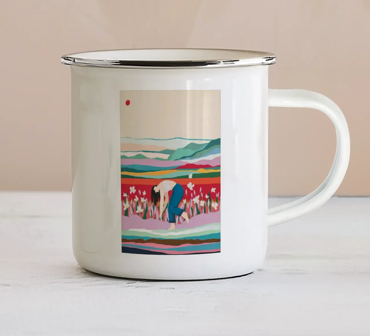 Tulip Field Pause enamel mug by Aurora Muse