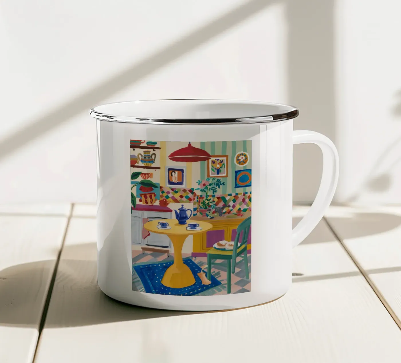 Teatime Patchwork Joy enamel mug by Aurora Muse