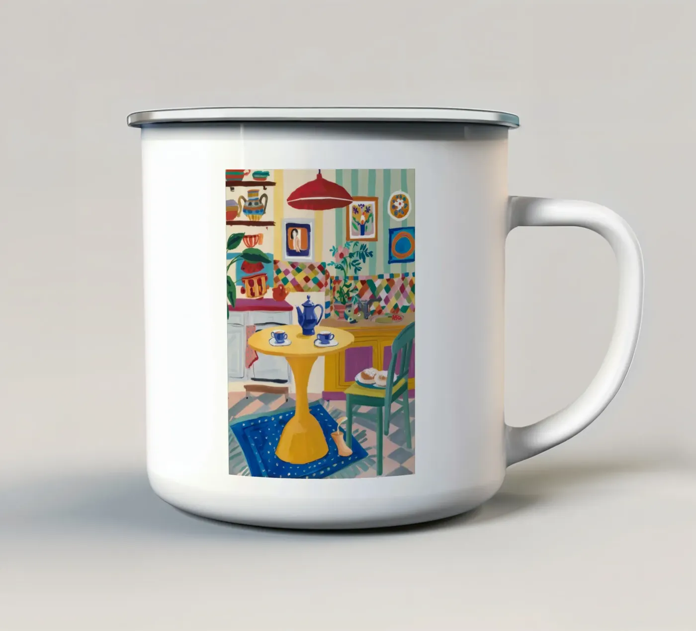 Teatime Patchwork Joy enamel mug by Aurora Muse