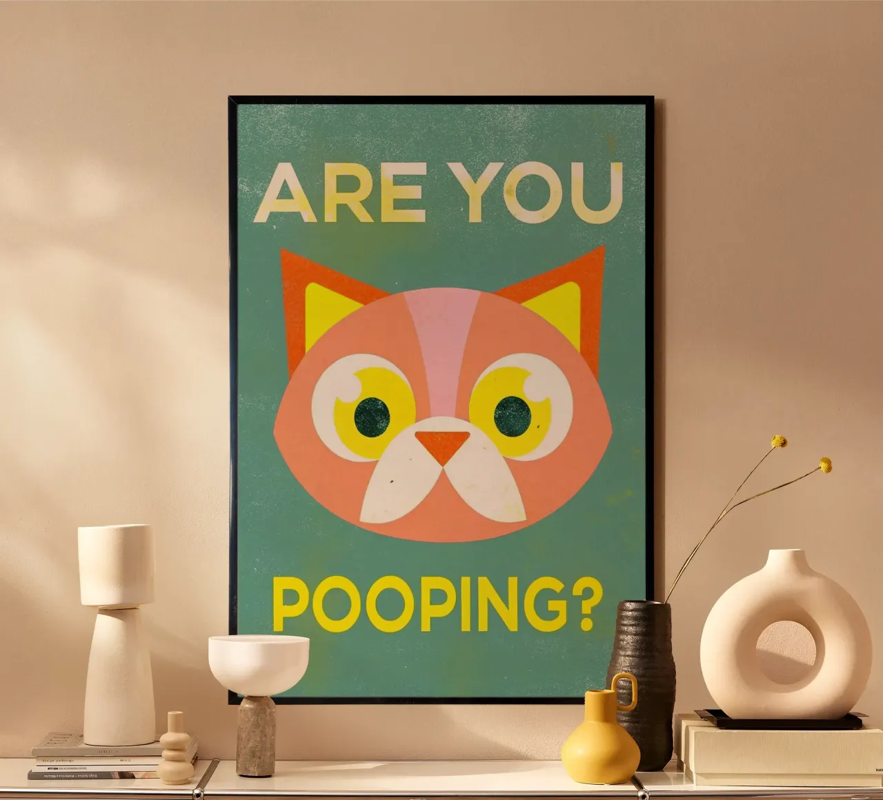 stai facendo la cacca gatto divertente poster con telaio in alluminio da ralliness