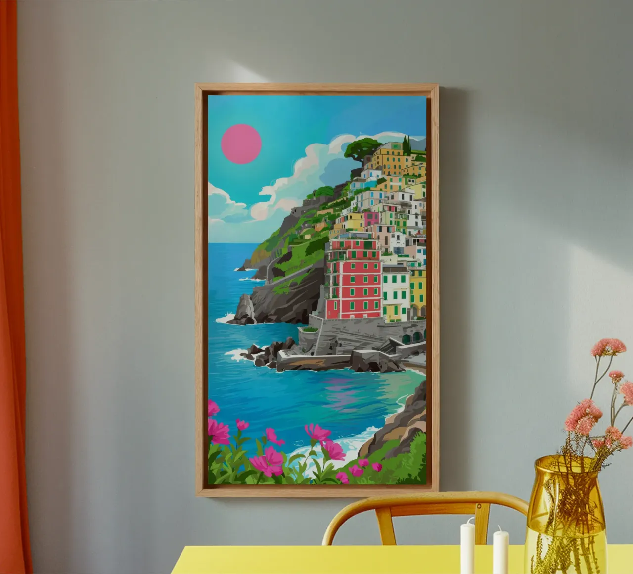 Karmijnrode zon canvas met Baklijst van Jasper Rune