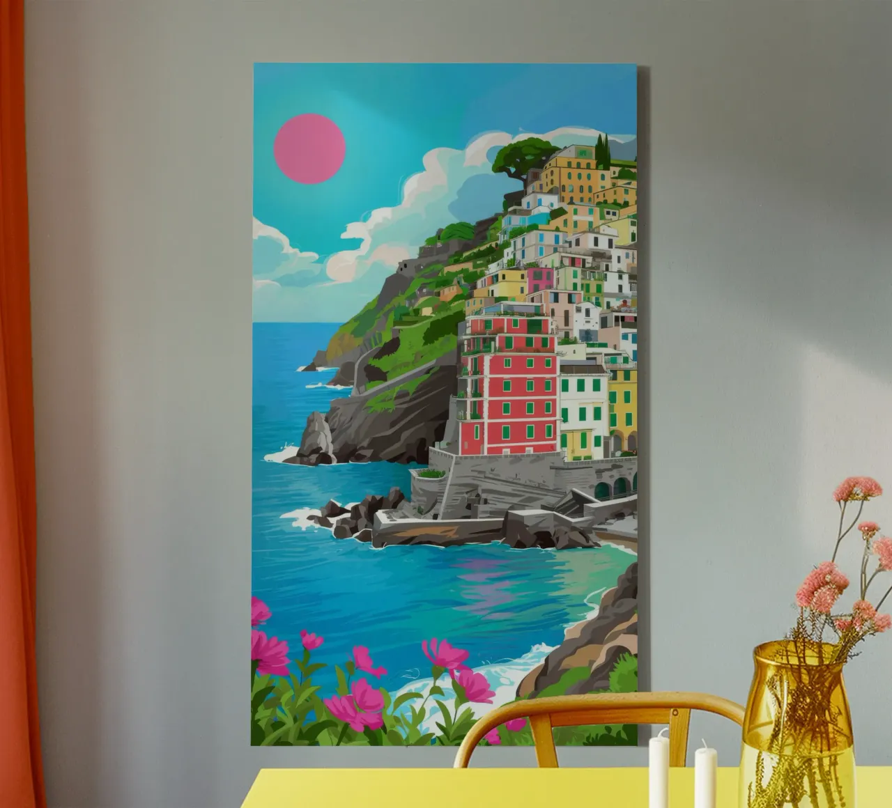 Karmijnrode zon canvas met Baklijst van Jasper Rune