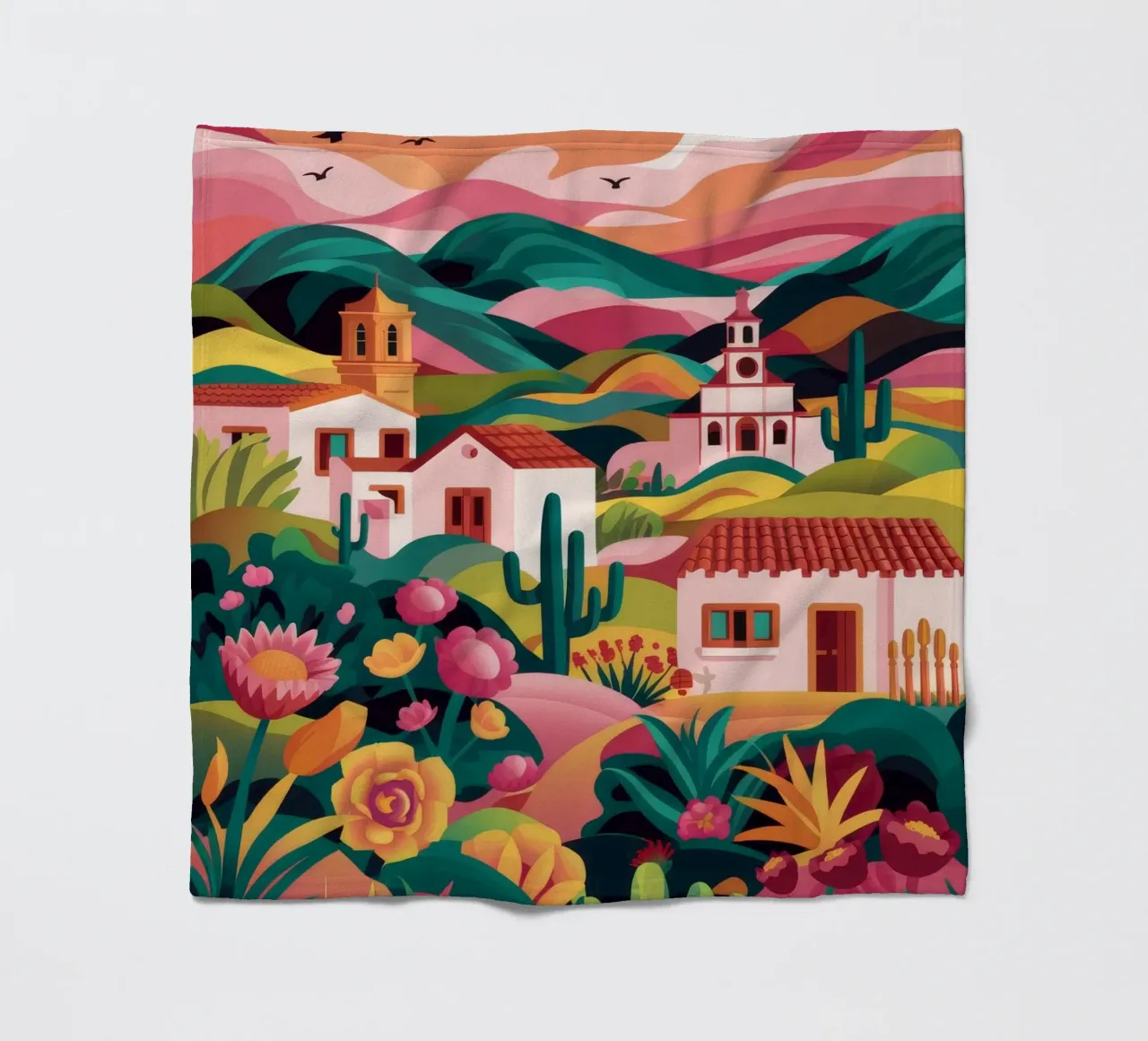 Floral Sunset Village fleece blanket by Jasper Rune