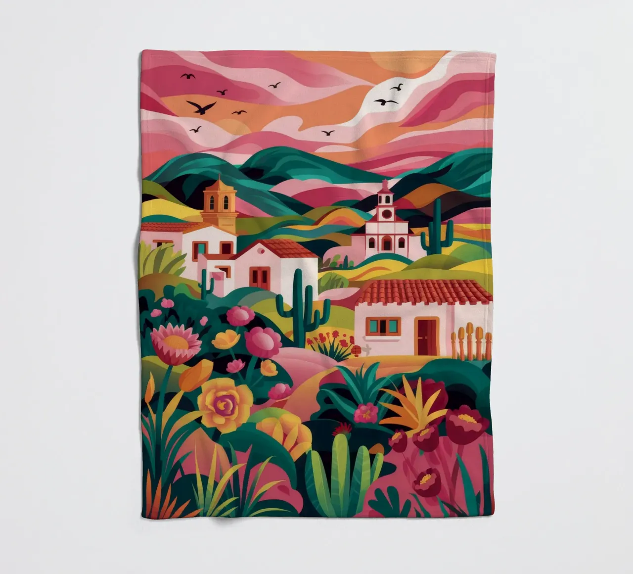 Floral Sunset Village fleece blanket by Jasper Rune