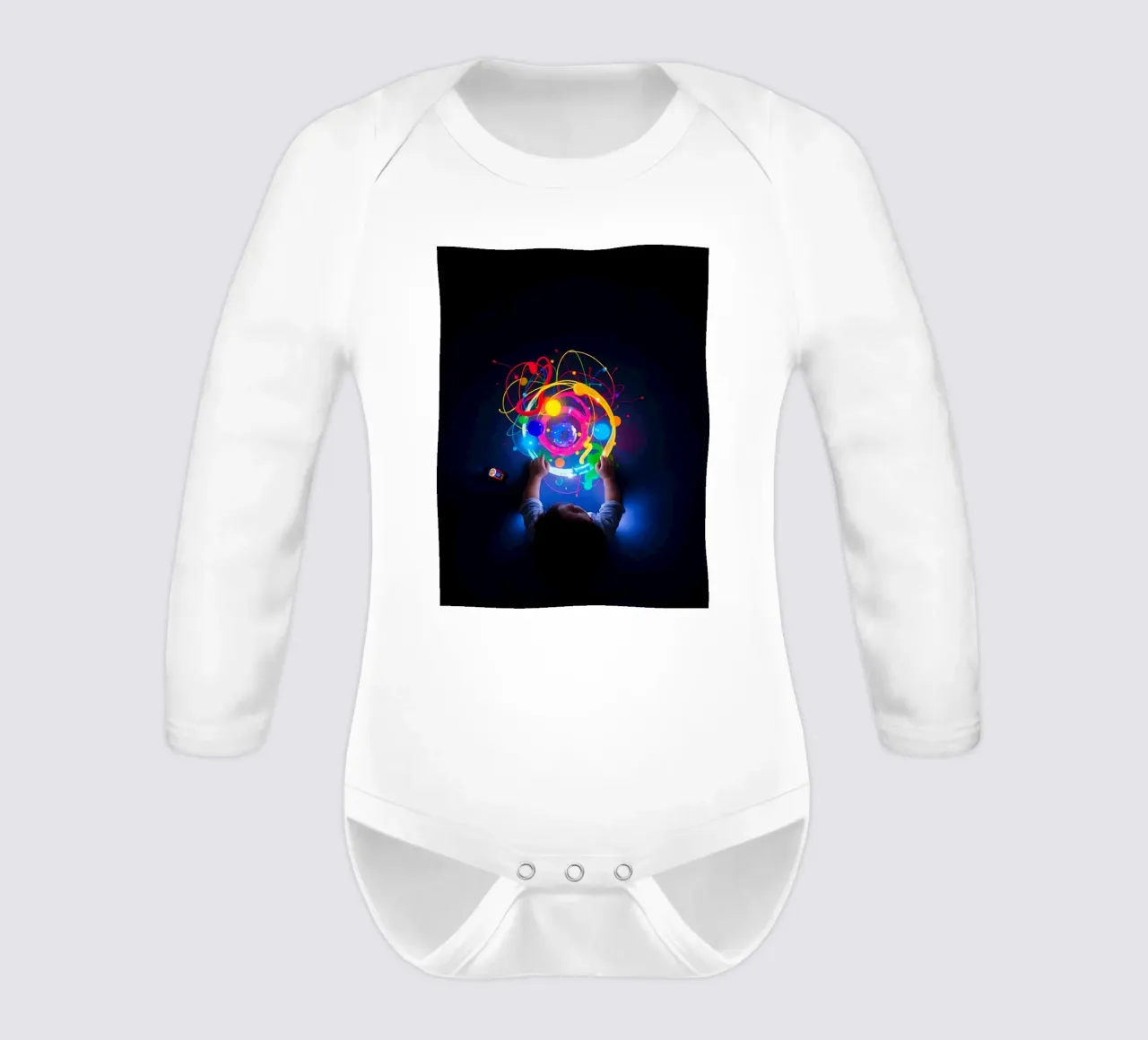 Child exploring colorful visual patterns with hands long-sleeve baby romper by DesignDoodle
