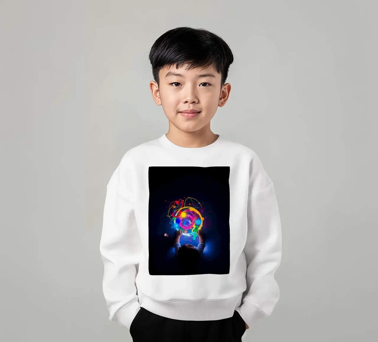 Child exploring colorful visual patterns with hands kids sweatshirt by DesignDoodle
