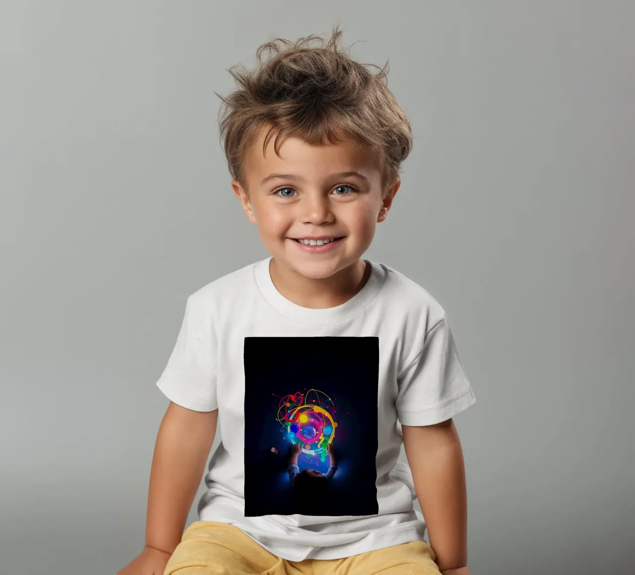 Child exploring colorful visual patterns with hands kids t-shirt by DesignDoodle