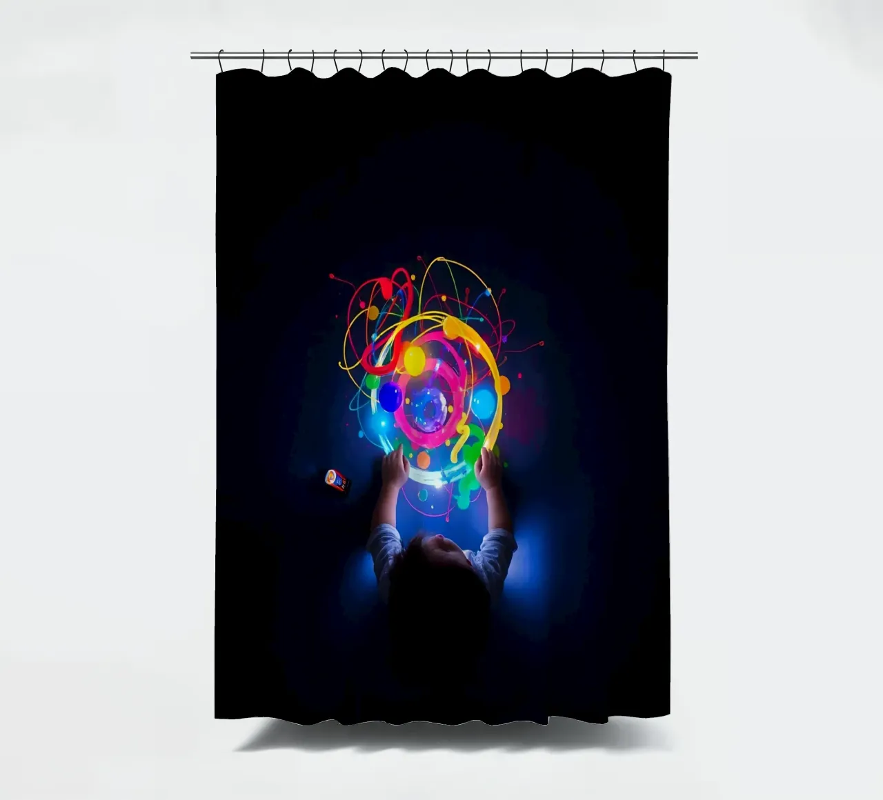 Child exploring colorful visual patterns with hands shower curtain by DesignDoodle