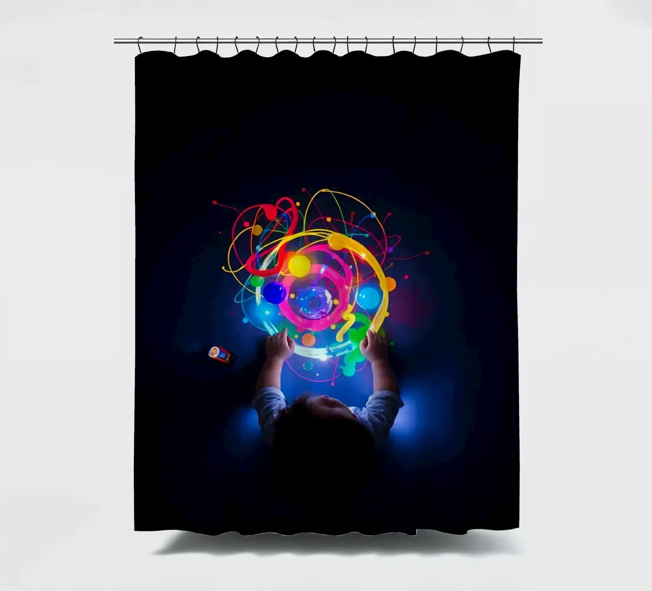 Child exploring colorful visual patterns with hands shower curtain by DesignDoodle