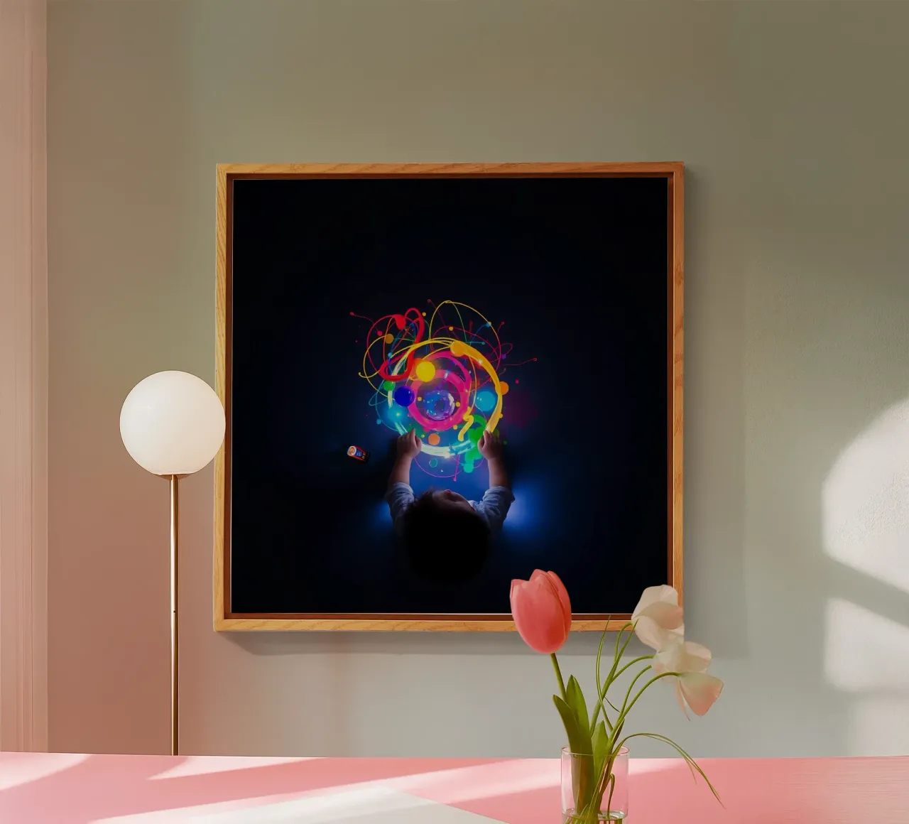 Child exploring colorful visual patterns with hands acrylic glass by DesignDoodle