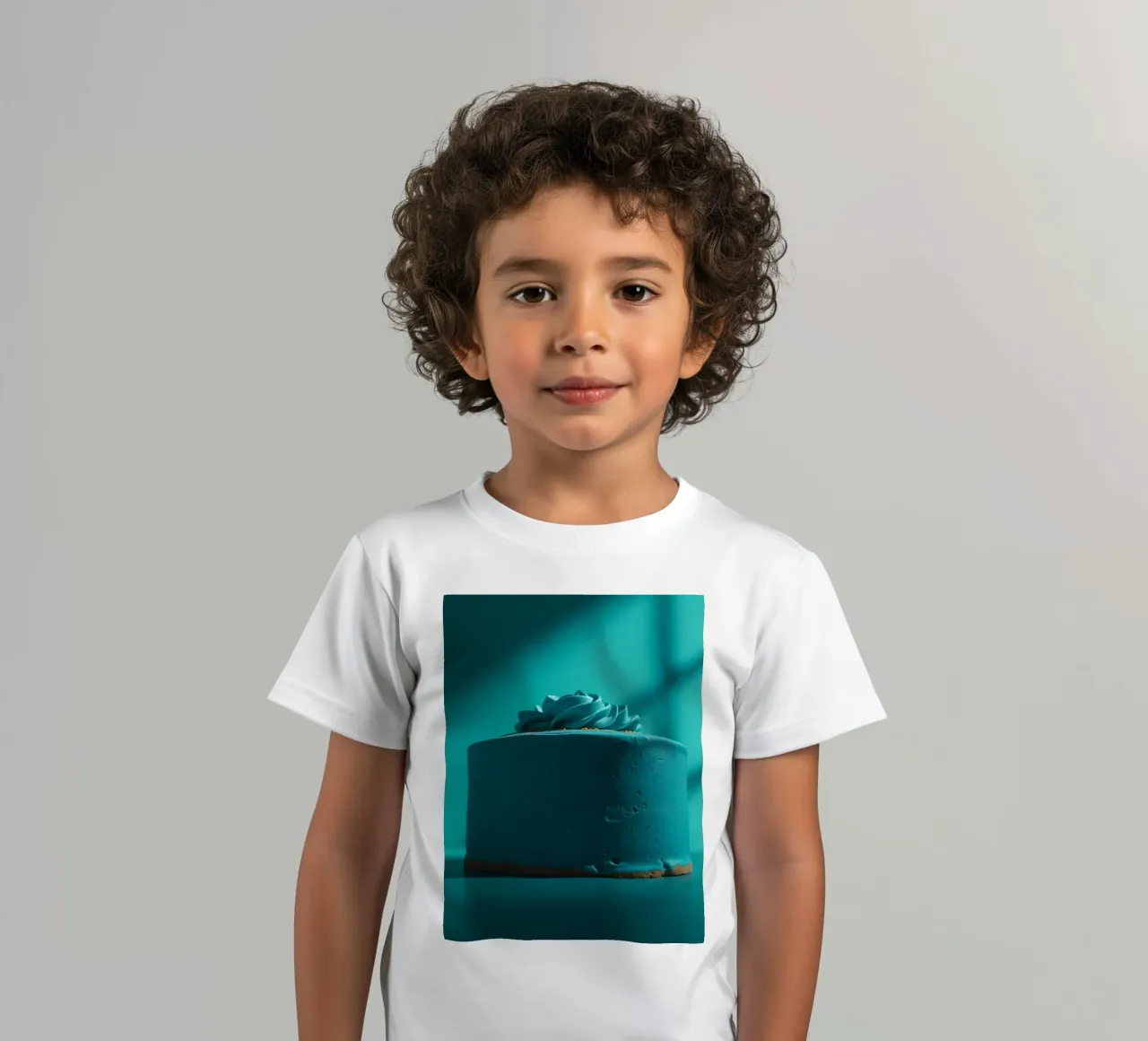 Delicate blue cake illuminated by soft light in a minimalist kids t-shirt by DesignDoodle