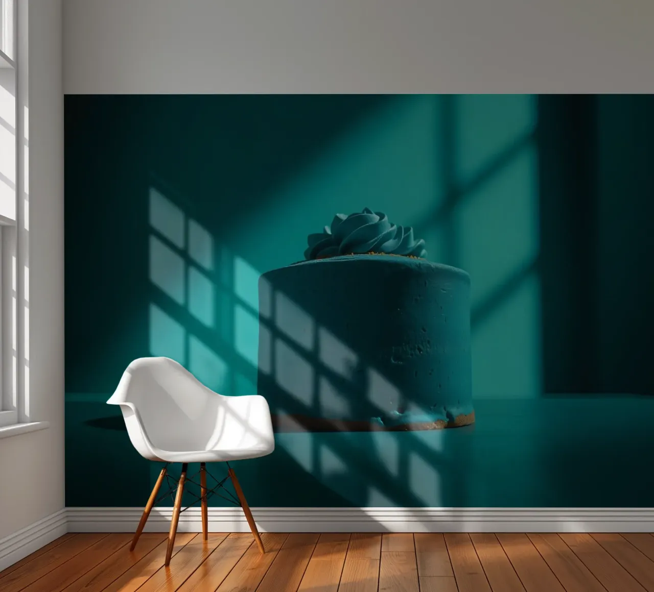 Zarte blaue Torte, beleuchtet von sanftem Licht in einem minimalistischen Fototapete von DesignDoodle