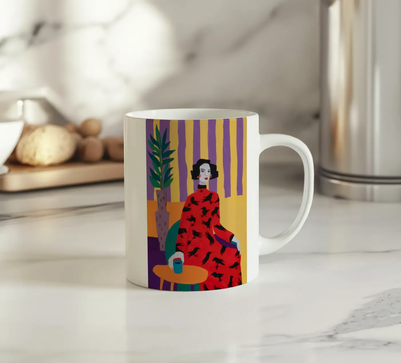 Red Bird Pattern ceramic mug by Aurora Muse