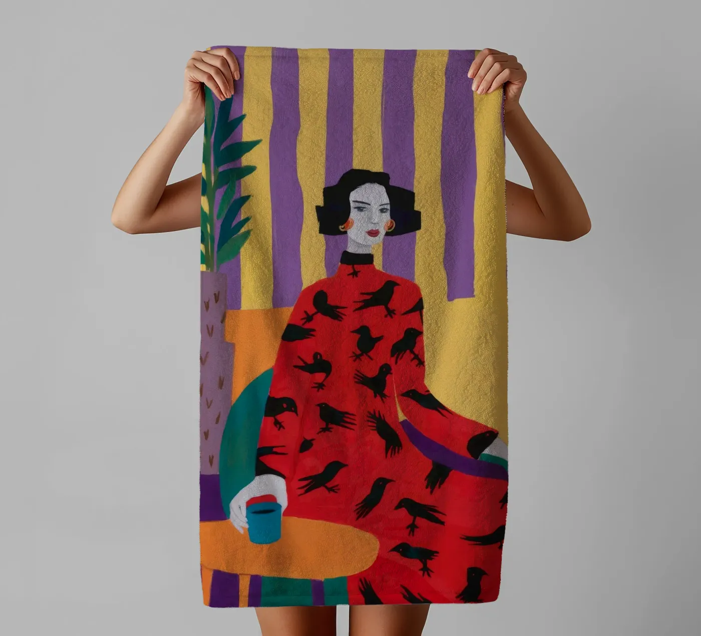 Red Bird Pattern badhanddoek van Aurora Muse