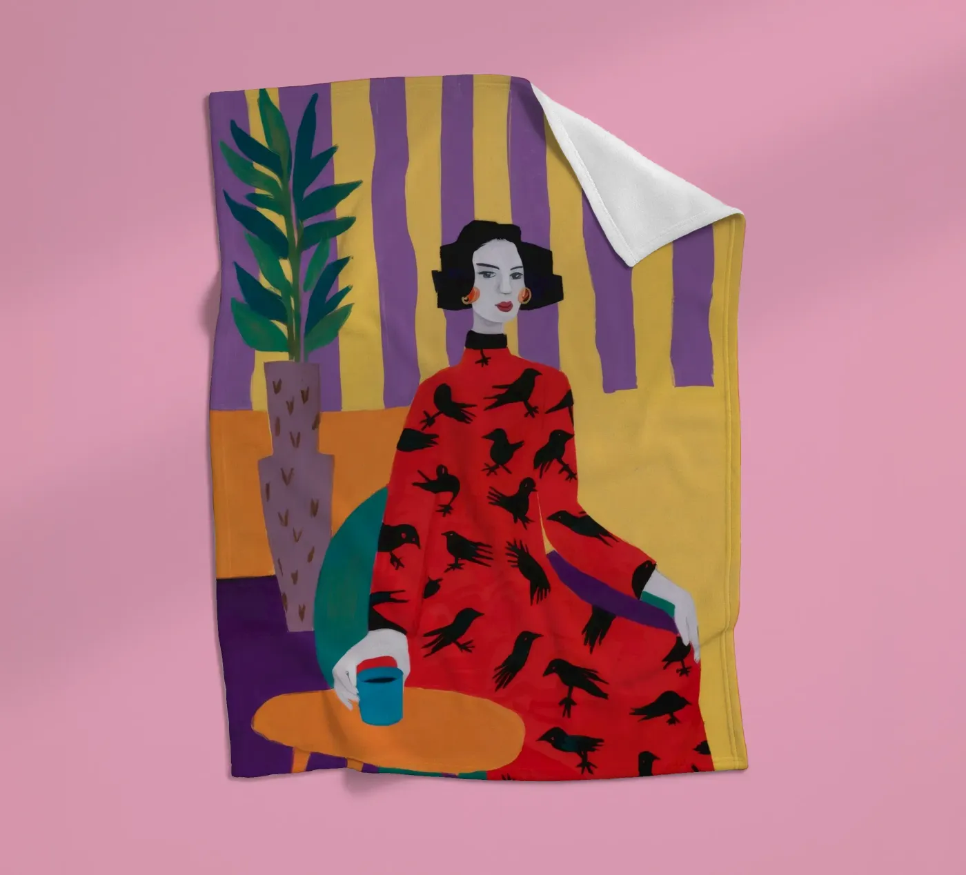 Red Bird Pattern fleece blanket by Aurora Muse