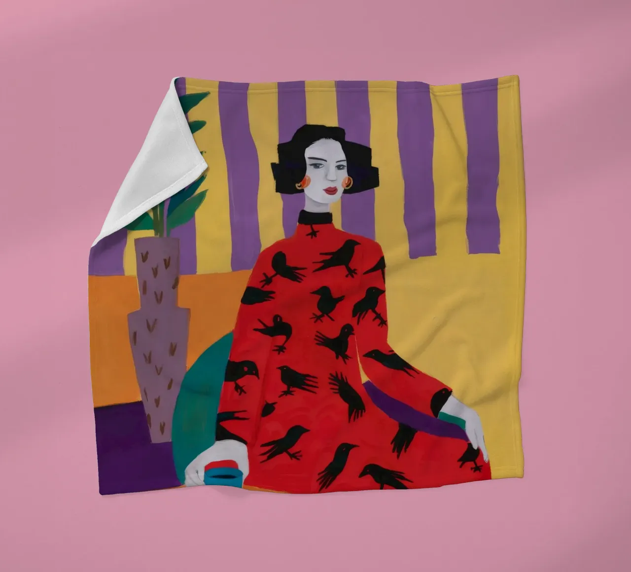 Red Bird Pattern fleece blanket by Aurora Muse