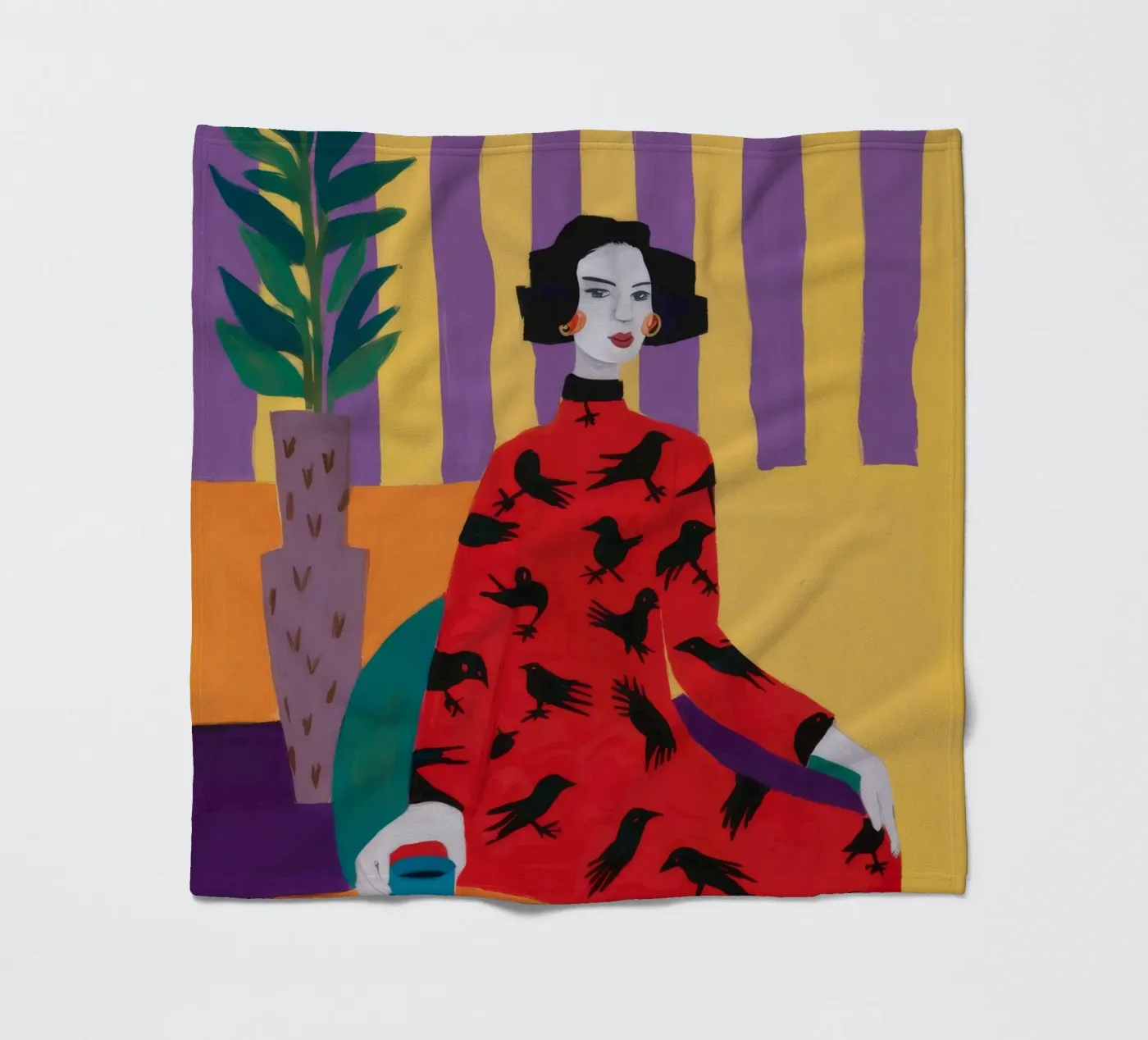 Red Bird Pattern fleece blanket by Aurora Muse