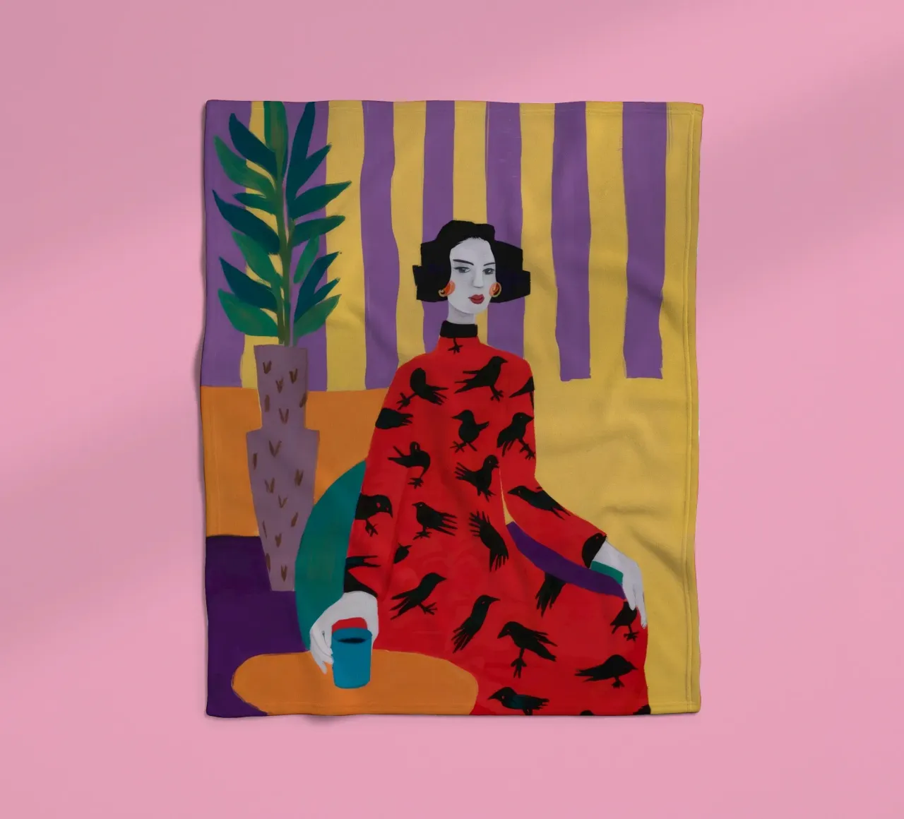 Red Bird Pattern fleece blanket by Aurora Muse
