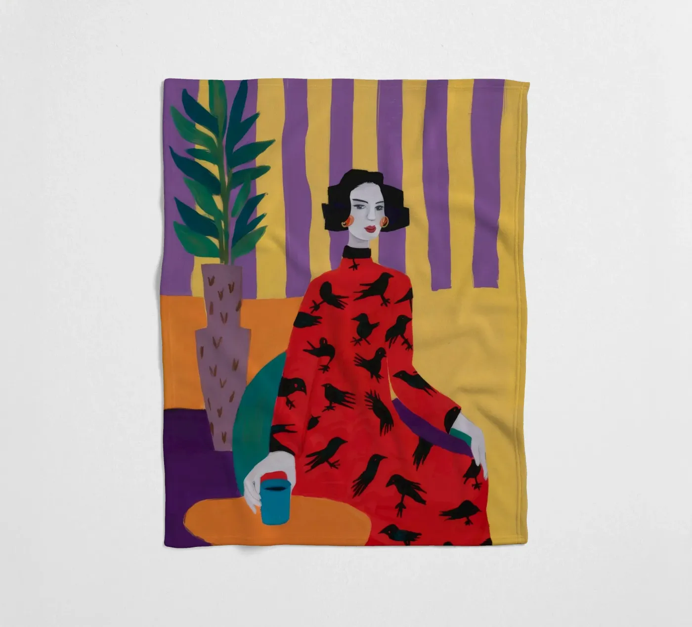 Red Bird Pattern fleece blanket by Aurora Muse