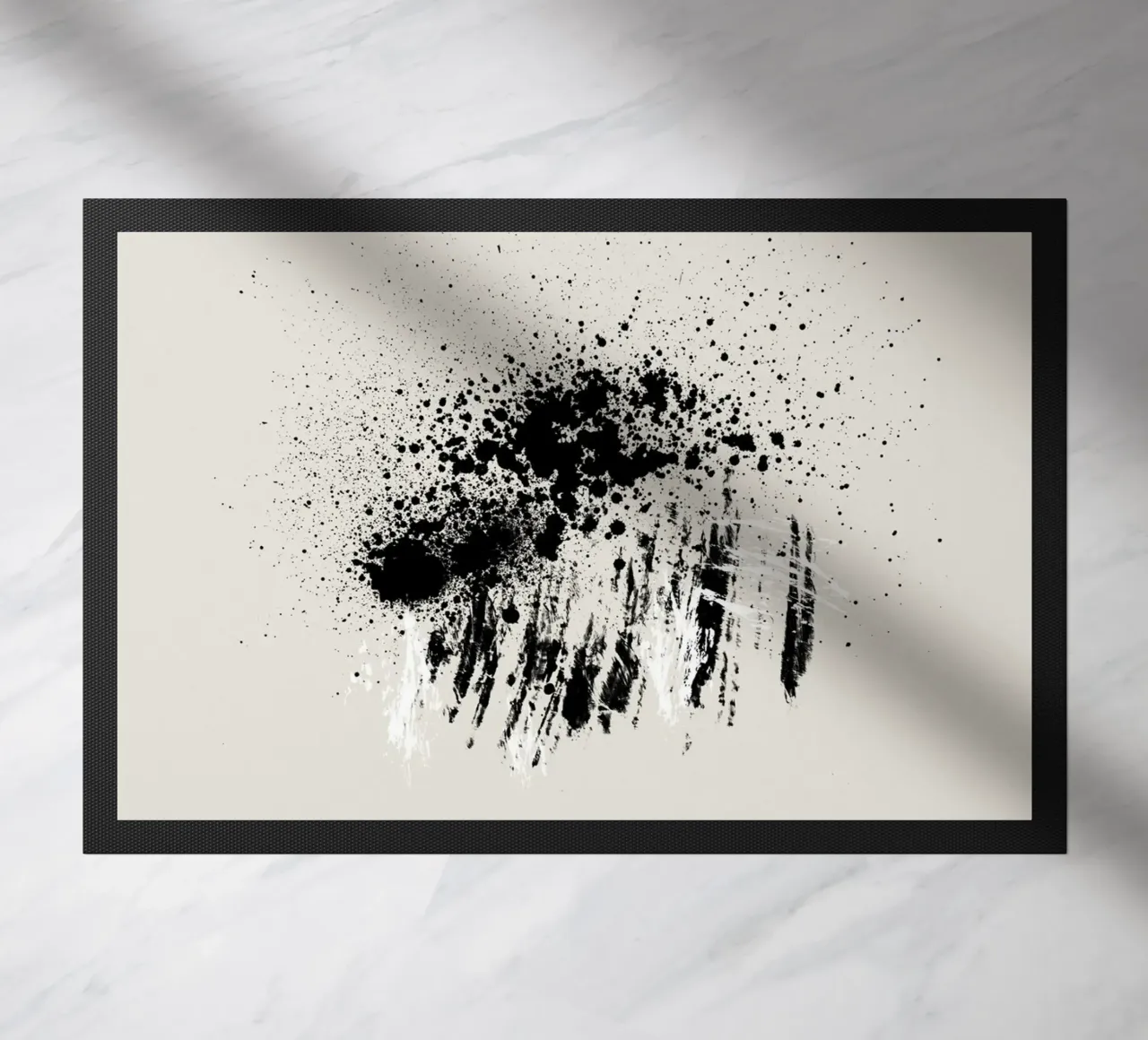 Paint splatters with shapes and lines in black and white felpudo de Imaginative