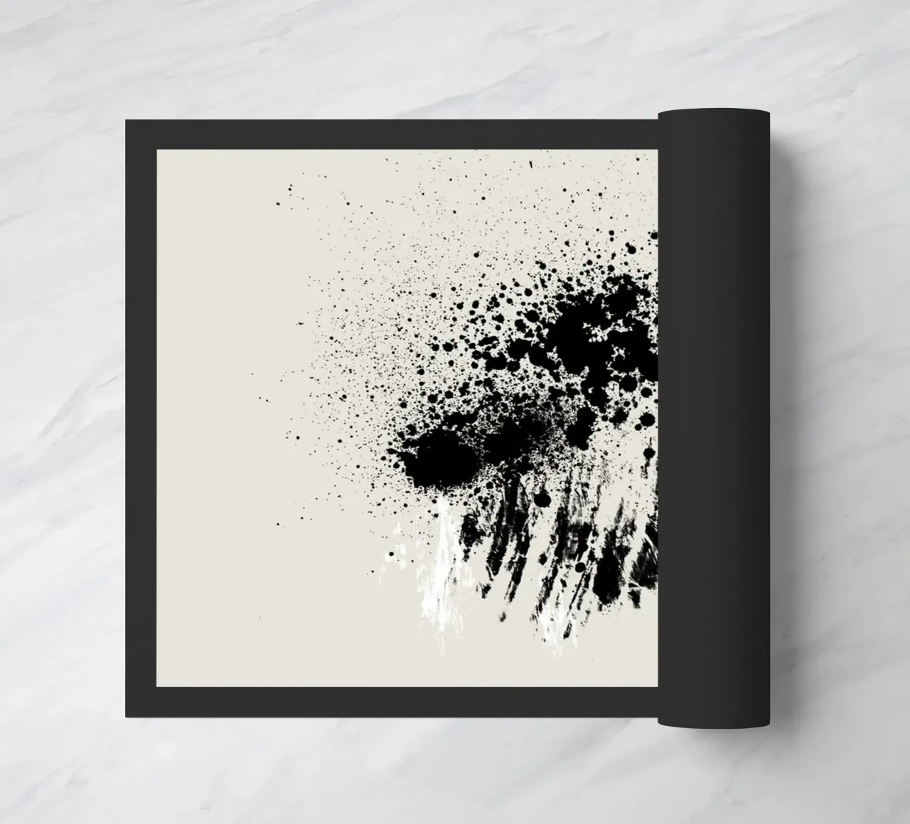 Paint splatters with shapes and lines in black and white Fußmatte von Imaginative