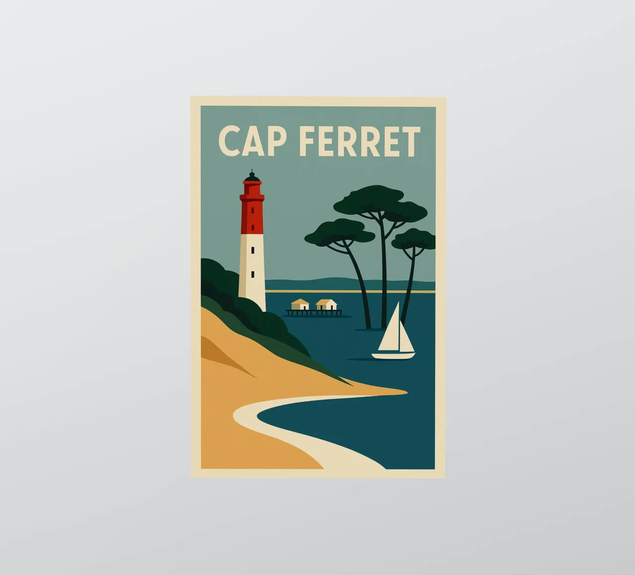 Cap Ferret – Le charme atlantique en affichage stylisé autocollant de JETLAG | affiches voyage