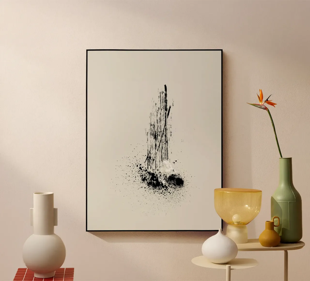 Modern and minimalist abstract with lines and paint splatter Acryl-Glas von Imaginative