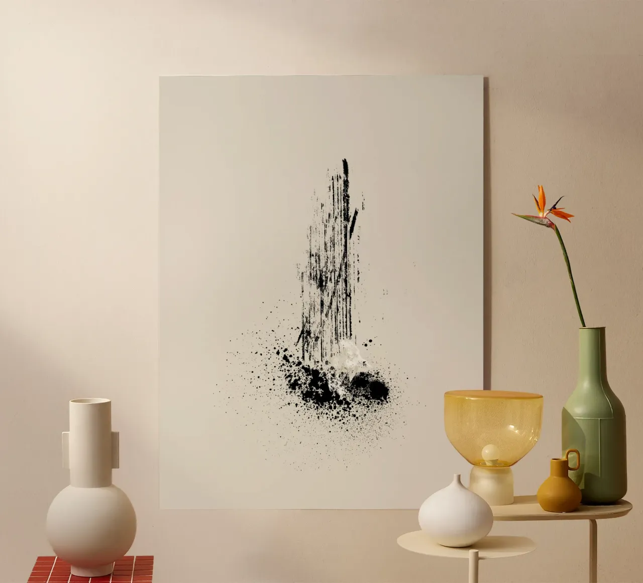 Modern and minimalist abstract with lines and paint splatter Acryl-Glas von Imaginative